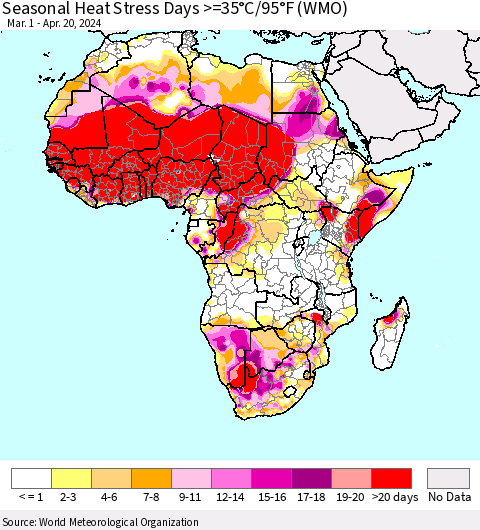 Africa Seasonal Heat Stress Days >=35°C/95°F (WMO) Thematic Map For 3/1/2024 - 4/20/2024