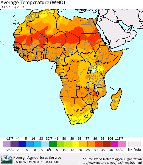 Africa Average Temperature (WMO) Thematic Map For 10/7/2019 - 10/13/2019