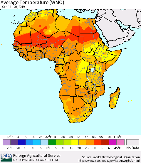 Africa Average Temperature (WMO) Thematic Map For 10/14/2019 - 10/20/2019