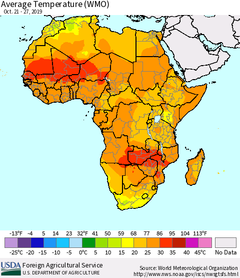 Africa Average Temperature (WMO) Thematic Map For 10/21/2019 - 10/27/2019
