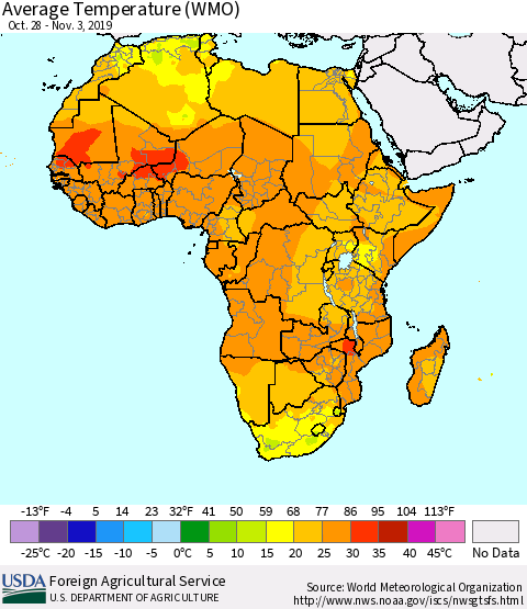 Africa Average Temperature (WMO) Thematic Map For 10/28/2019 - 11/3/2019