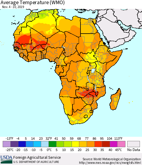 Africa Average Temperature (WMO) Thematic Map For 11/4/2019 - 11/10/2019