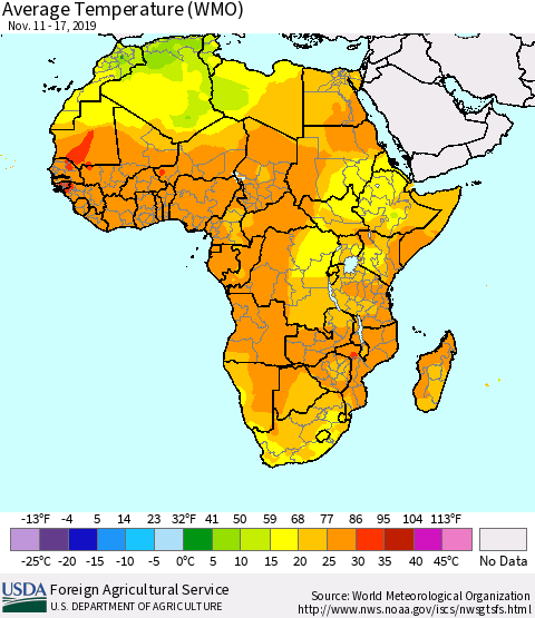 Africa Average Temperature (WMO) Thematic Map For 11/11/2019 - 11/17/2019