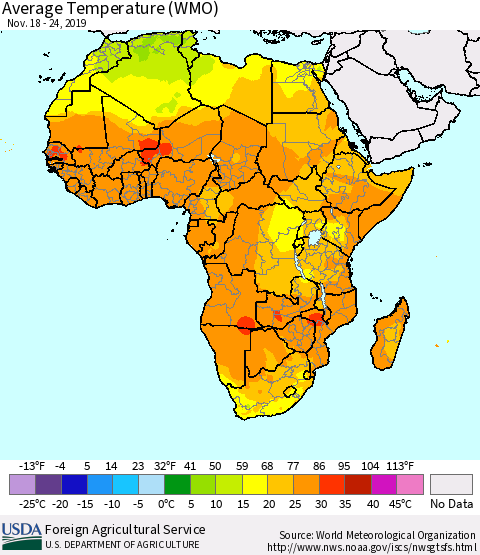 Africa Average Temperature (WMO) Thematic Map For 11/18/2019 - 11/24/2019