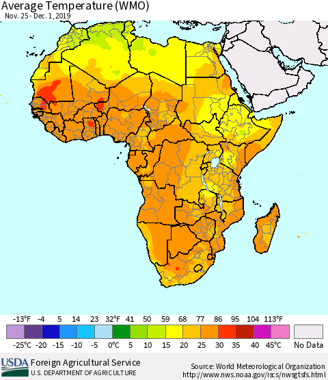 Africa Average Temperature (WMO) Thematic Map For 11/25/2019 - 12/1/2019