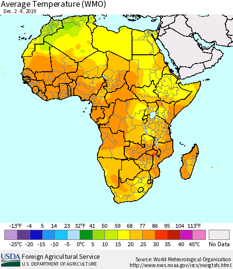 Africa Average Temperature (WMO) Thematic Map For 12/2/2019 - 12/8/2019