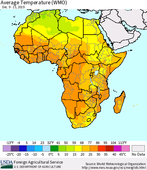 Africa Average Temperature (WMO) Thematic Map For 12/9/2019 - 12/15/2019