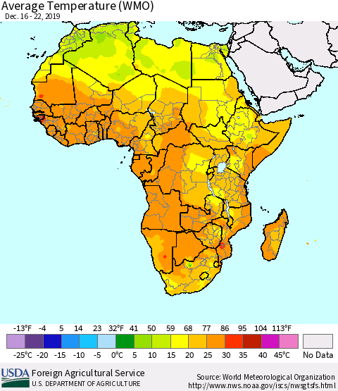 Africa Average Temperature (WMO) Thematic Map For 12/16/2019 - 12/22/2019