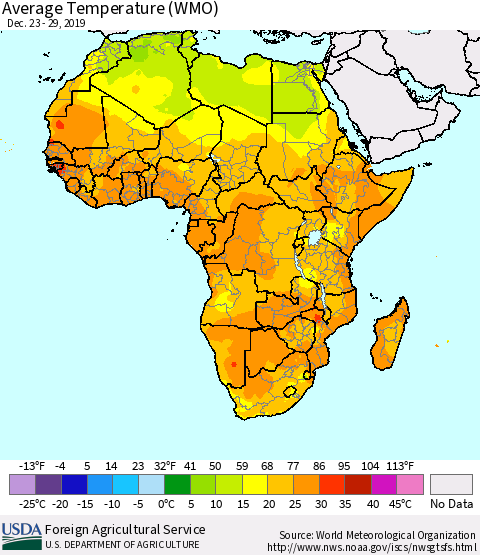 Africa Average Temperature (WMO) Thematic Map For 12/23/2019 - 12/29/2019