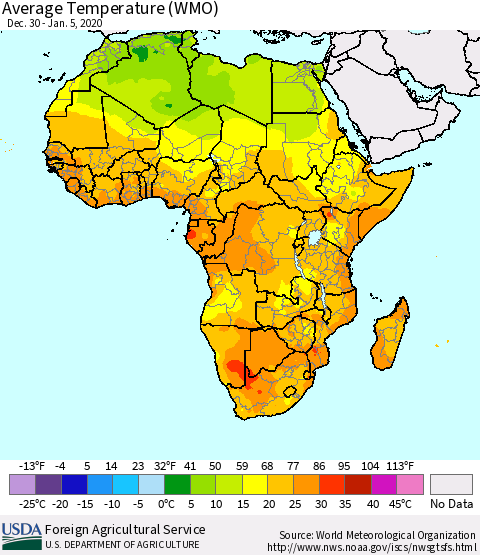Africa Average Temperature (WMO) Thematic Map For 12/30/2019 - 1/5/2020