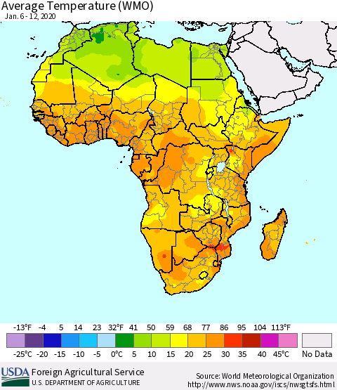 Africa Average Temperature (WMO) Thematic Map For 1/6/2020 - 1/12/2020