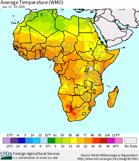 Africa Average Temperature (WMO) Thematic Map For 1/13/2020 - 1/19/2020