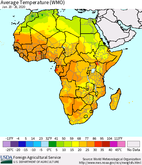 Africa Average Temperature (WMO) Thematic Map For 1/20/2020 - 1/26/2020
