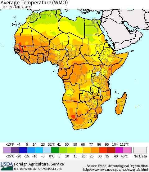 Africa Average Temperature (WMO) Thematic Map For 1/27/2020 - 2/2/2020