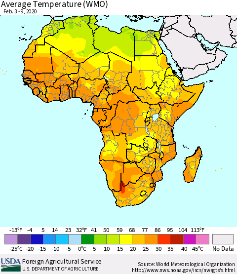 Africa Average Temperature (WMO) Thematic Map For 2/3/2020 - 2/9/2020