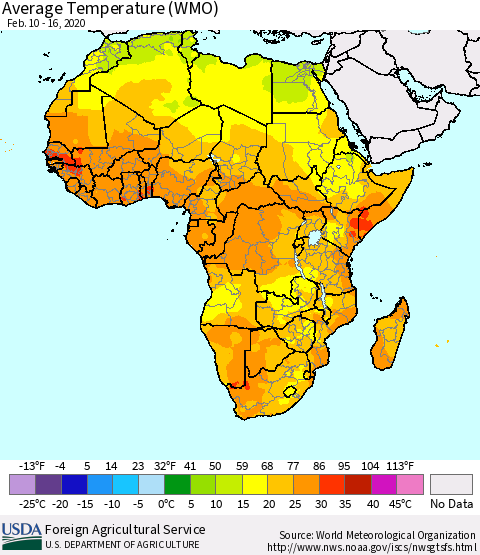 Africa Average Temperature (WMO) Thematic Map For 2/10/2020 - 2/16/2020