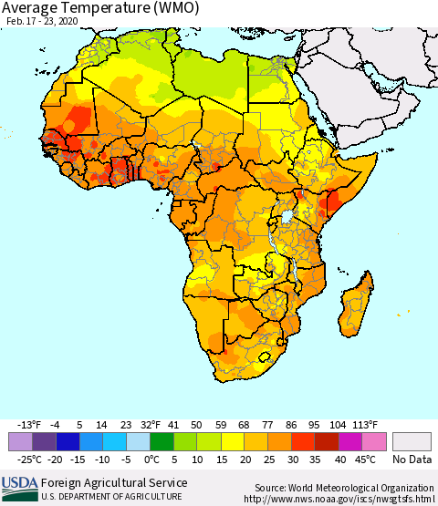 Africa Average Temperature (WMO) Thematic Map For 2/17/2020 - 2/23/2020