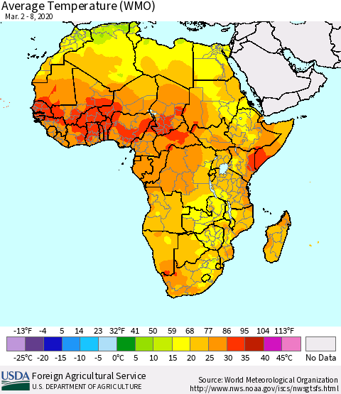 Africa Average Temperature (WMO) Thematic Map For 3/2/2020 - 3/8/2020