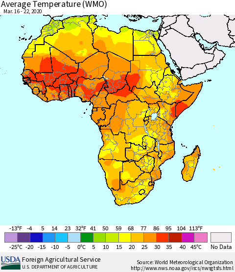 Africa Average Temperature (WMO) Thematic Map For 3/16/2020 - 3/22/2020