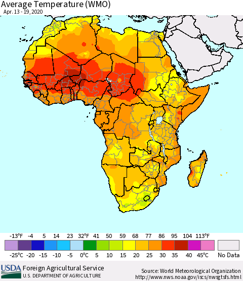 Africa Average Temperature (WMO) Thematic Map For 4/13/2020 - 4/19/2020