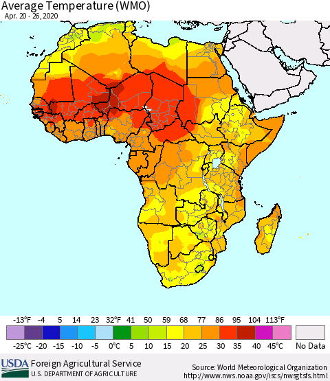 Africa Average Temperature (WMO) Thematic Map For 4/20/2020 - 4/26/2020