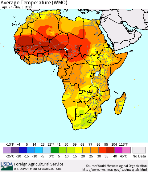 Africa Average Temperature (WMO) Thematic Map For 4/27/2020 - 5/3/2020