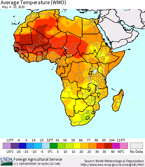 Africa Average Temperature (WMO) Thematic Map For 5/4/2020 - 5/10/2020