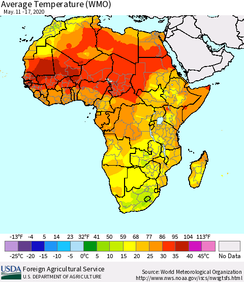 Africa Average Temperature (WMO) Thematic Map For 5/11/2020 - 5/17/2020