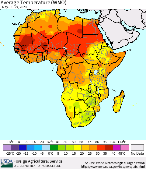 Africa Average Temperature (WMO) Thematic Map For 5/18/2020 - 5/24/2020