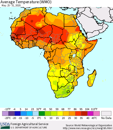 Africa Average Temperature (WMO) Thematic Map For 5/25/2020 - 5/31/2020
