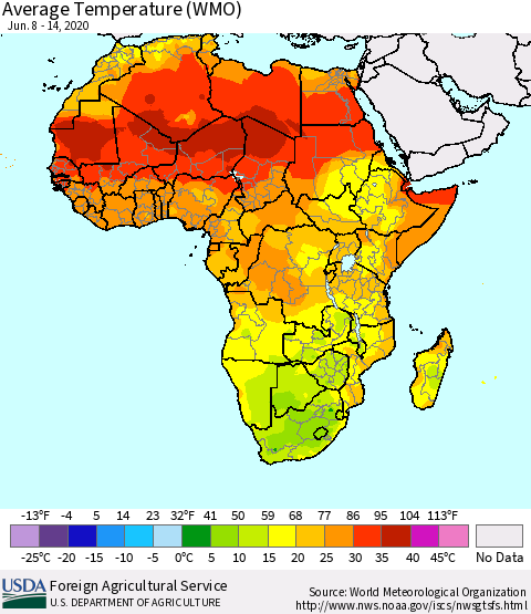 Africa Average Temperature (WMO) Thematic Map For 6/8/2020 - 6/14/2020