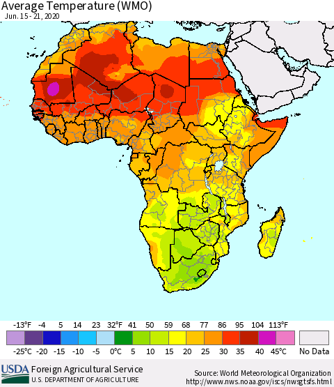 Africa Average Temperature (WMO) Thematic Map For 6/15/2020 - 6/21/2020