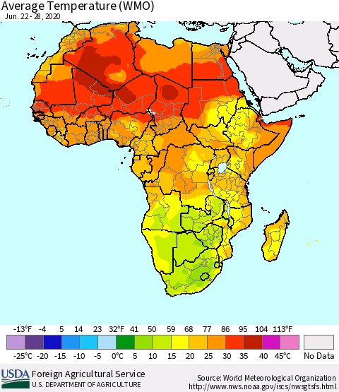 Africa Average Temperature (WMO) Thematic Map For 6/22/2020 - 6/28/2020