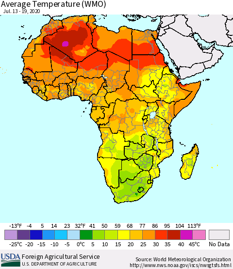 Africa Average Temperature (WMO) Thematic Map For 7/13/2020 - 7/19/2020