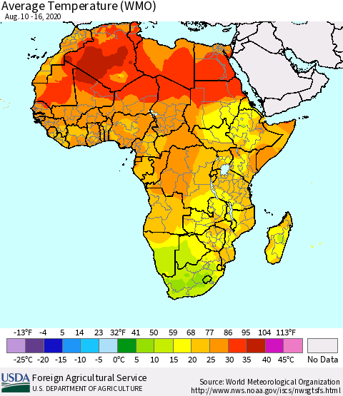 Africa Average Temperature (WMO) Thematic Map For 8/10/2020 - 8/16/2020