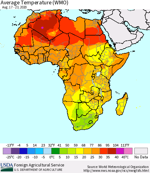 Africa Average Temperature (WMO) Thematic Map For 8/17/2020 - 8/23/2020