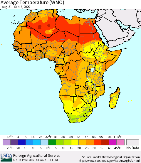Africa Average Temperature (WMO) Thematic Map For 8/31/2020 - 9/6/2020