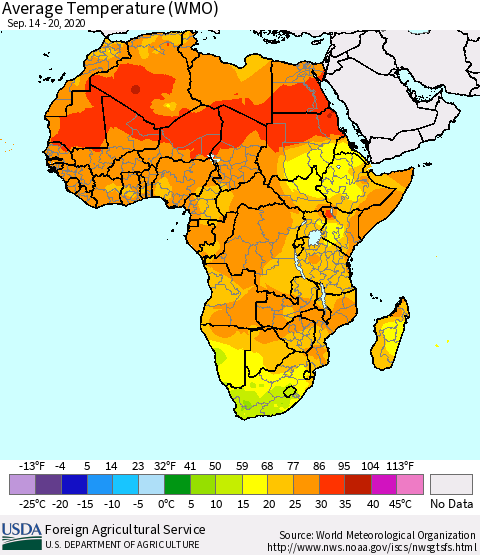 Africa Average Temperature (WMO) Thematic Map For 9/14/2020 - 9/20/2020