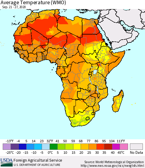 Africa Average Temperature (WMO) Thematic Map For 9/21/2020 - 9/27/2020