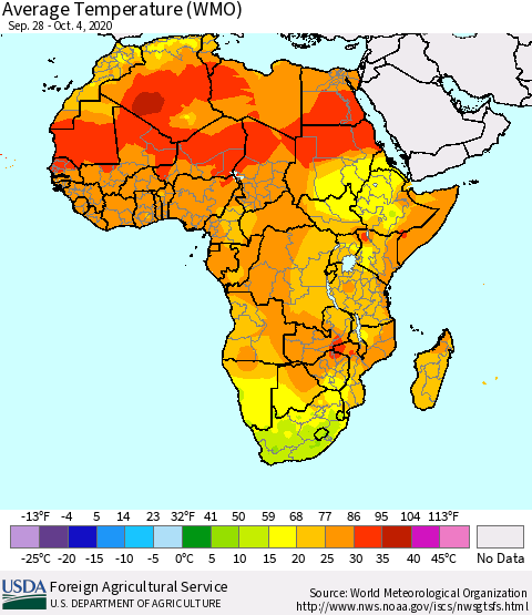 Africa Average Temperature (WMO) Thematic Map For 9/28/2020 - 10/4/2020