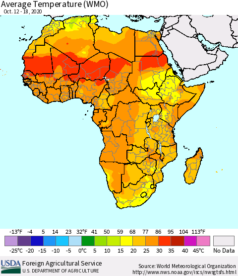 Africa Average Temperature (WMO) Thematic Map For 10/12/2020 - 10/18/2020