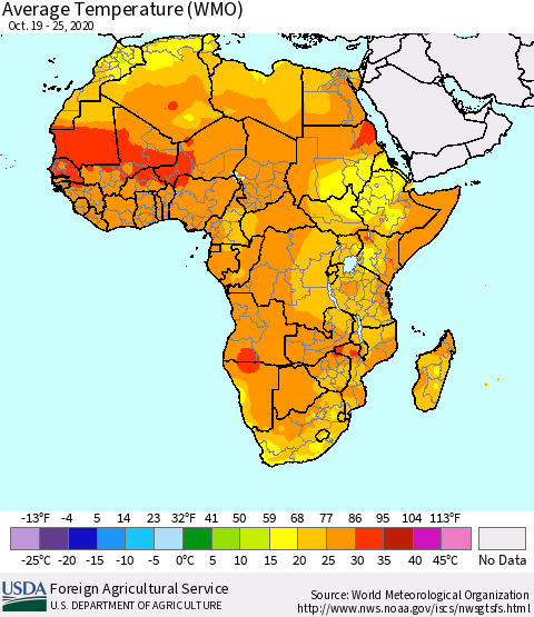 Africa Average Temperature (WMO) Thematic Map For 10/19/2020 - 10/25/2020