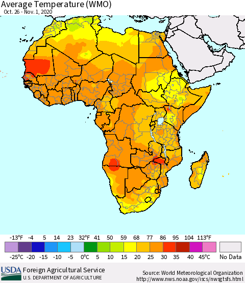 Africa Average Temperature (WMO) Thematic Map For 10/26/2020 - 11/1/2020