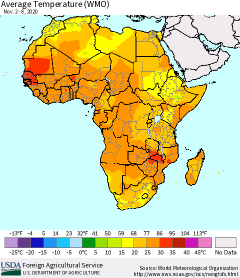 Africa Average Temperature (WMO) Thematic Map For 11/2/2020 - 11/8/2020
