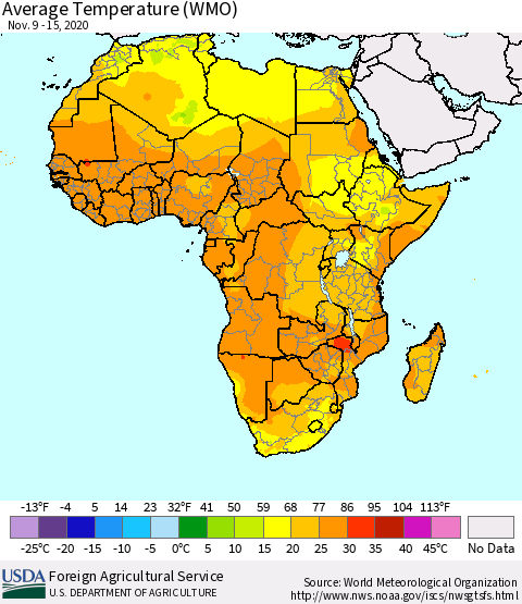 Africa Average Temperature (WMO) Thematic Map For 11/9/2020 - 11/15/2020