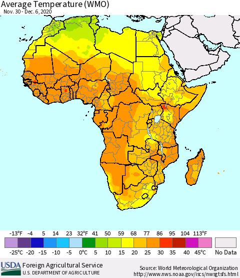 Africa Average Temperature (WMO) Thematic Map For 11/30/2020 - 12/6/2020