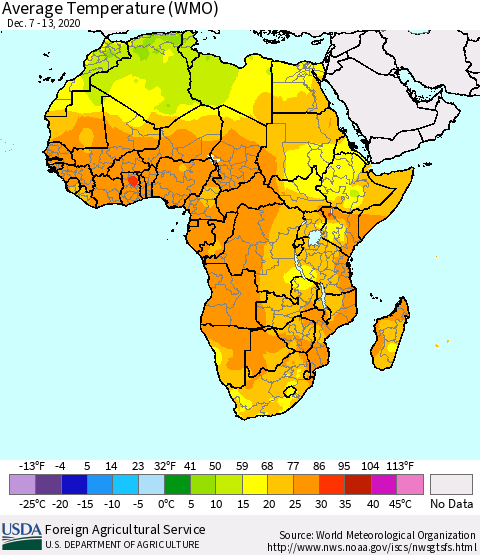 Africa Average Temperature (WMO) Thematic Map For 12/7/2020 - 12/13/2020