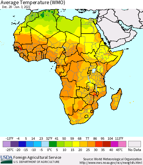 Africa Average Temperature (WMO) Thematic Map For 12/28/2020 - 1/3/2021