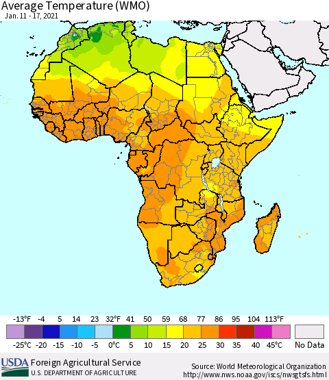 Africa Average Temperature (WMO) Thematic Map For 1/11/2021 - 1/17/2021