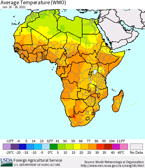 Africa Average Temperature (WMO) Thematic Map For 1/18/2021 - 1/24/2021